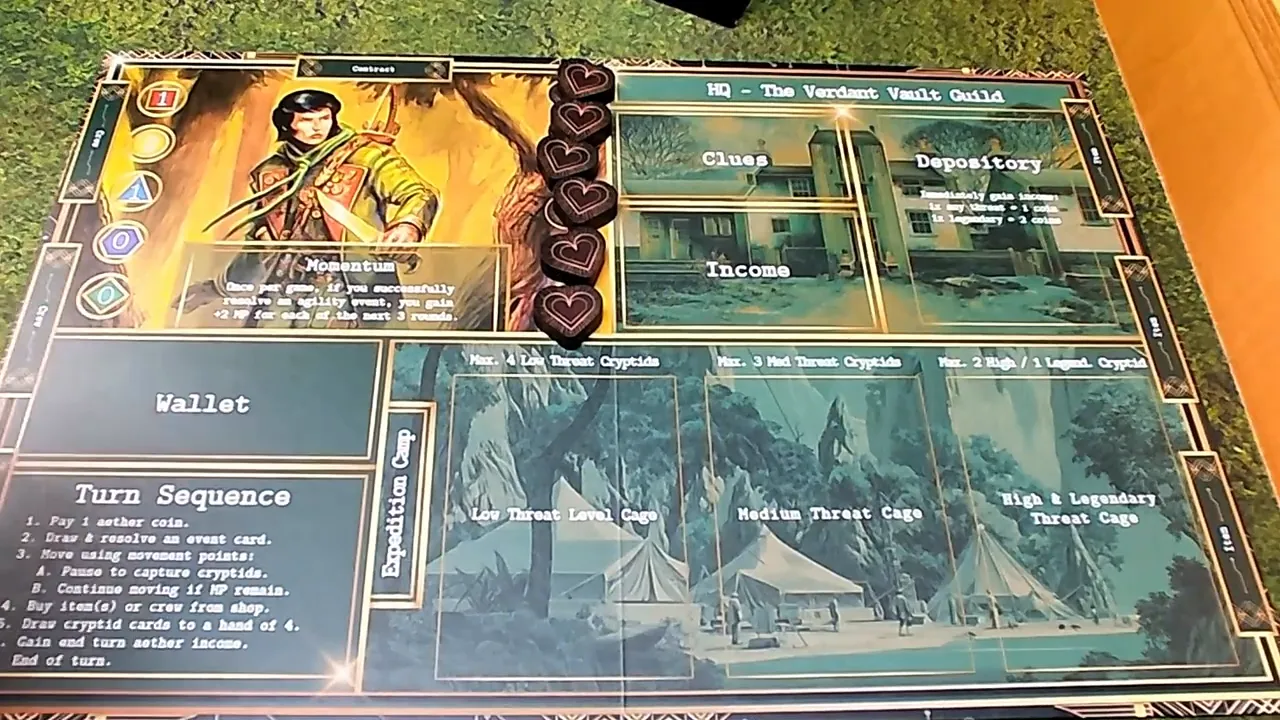 Spielertableau mit Charakterillustration, farbigen Attributen und Bereichen für Karten