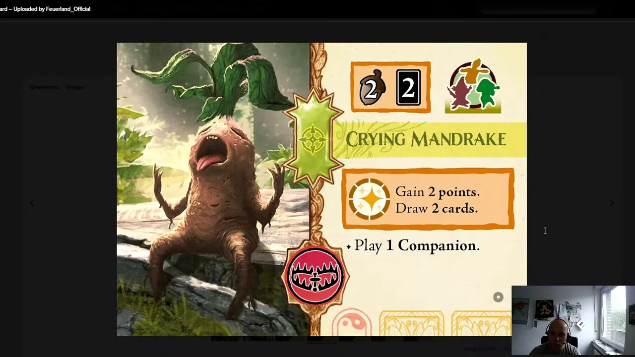 Greenwood-Begleiterkarte Crying Mandrake mit Kreaturenillustration, Symbolen und Aktionstext