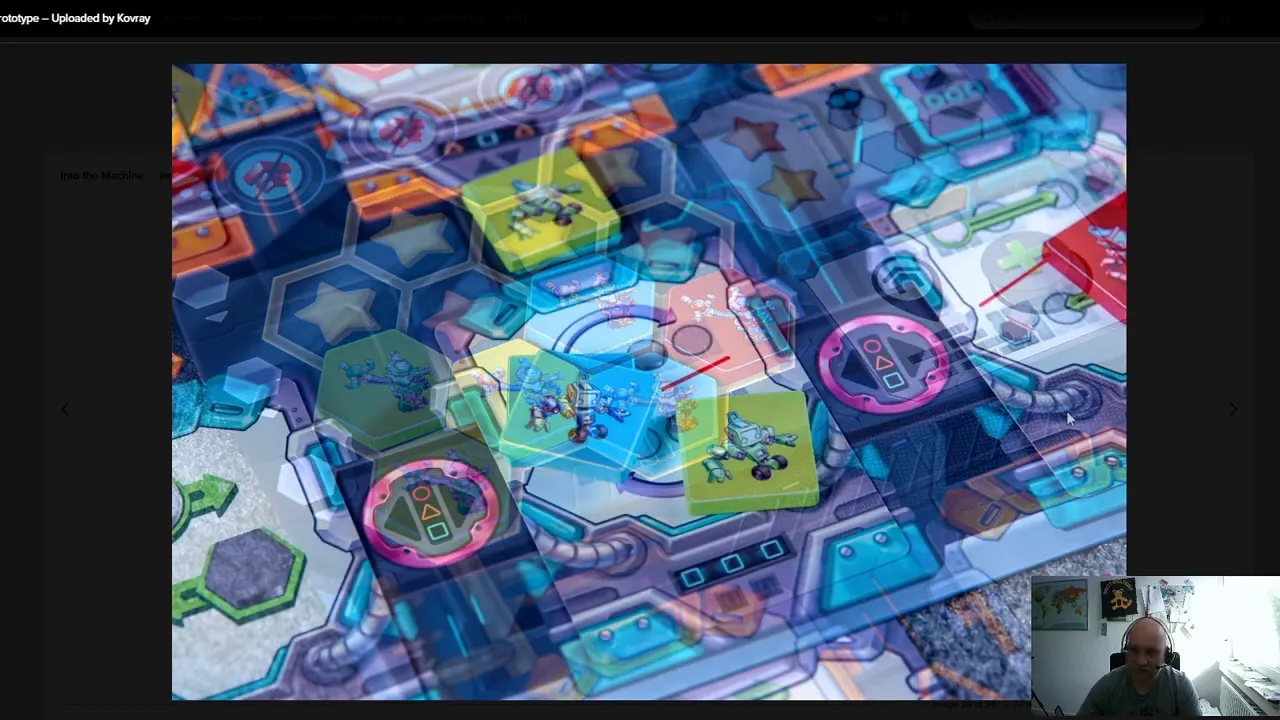 Nahaufnahme eines Spielplans mit farbigen Roboterplättchen, Terminals und Wegen durch eine Maschine