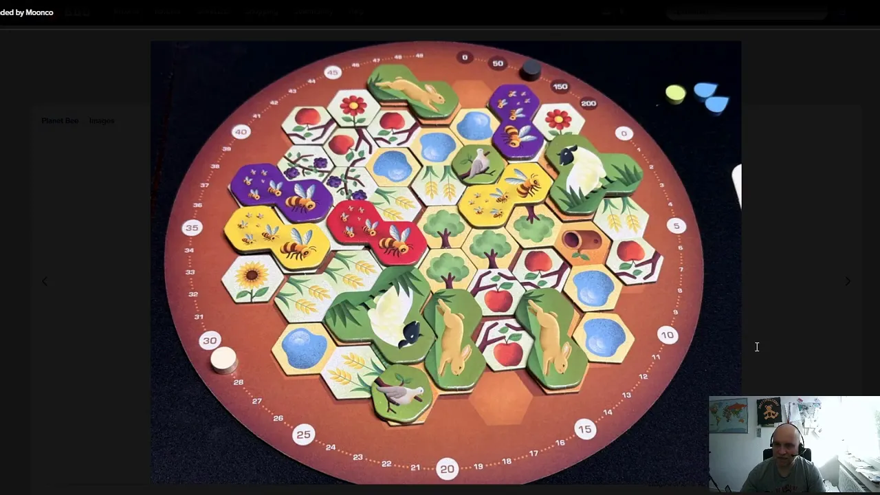 Runde Spielkuppel mit vielen sechseckigen Landschaftsplättchen, Pflanzen, Tieren und farbigen Symbolen