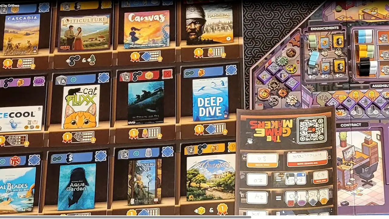 Auslage mit zahlreichen bekannten Brettspielcovern und Symbolen unter den einzelnen Titeln
